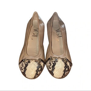 AGL Ballet Flats Nude Leather Snakeskin Toe Block Heel Size 37.5